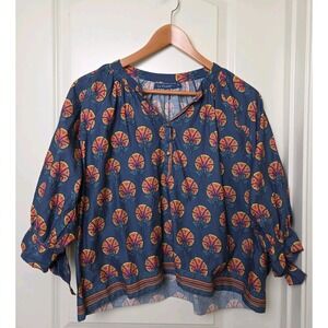 La Plage Women's Top Block Print Blouse Bow Sleeves Coastal Cotton Blue Sz S